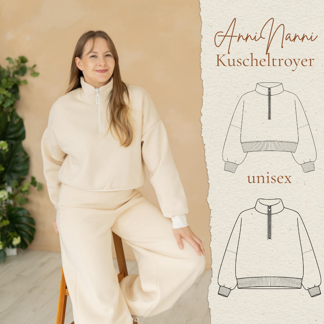 Kuscheltroyer Schnittmuster mit detaillierter Nähanleitung, Video und Podcast – gemütlicher Oversize-Troyer mit Reißverschluss und perfekt sitzendem Kragen.