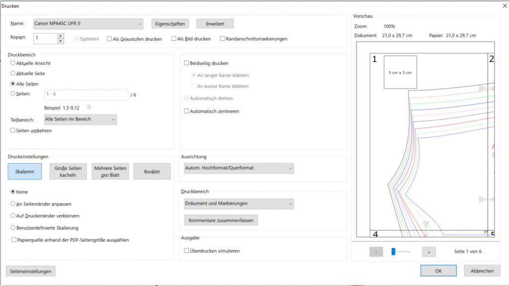 Druckdialog für PDF Schnittmuster mit korrekt eingestellter Skalierung auf 100 Prozent und Papierformat A4, um die Originalgröße sicherzustellen